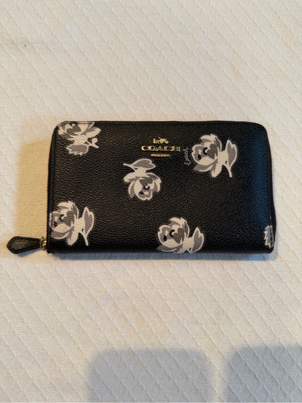 Coach Black Wallet with Gray Floral Print and Gold Logo